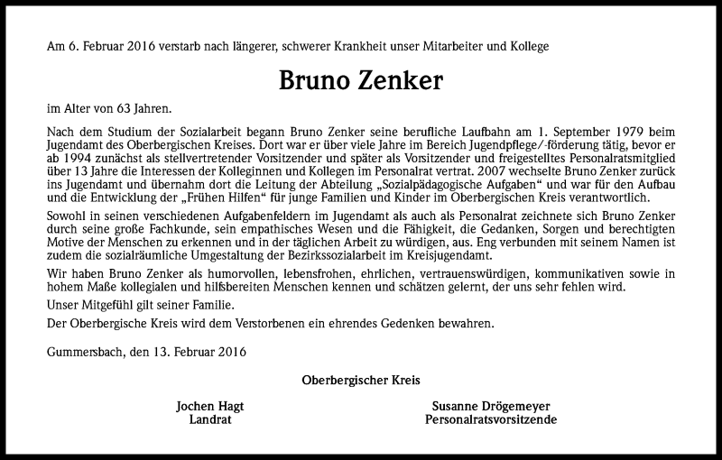  Traueranzeige für Bruno Zenker vom 13.02.2016 aus Kölner Stadt-Anzeiger / Kölnische Rundschau / Express