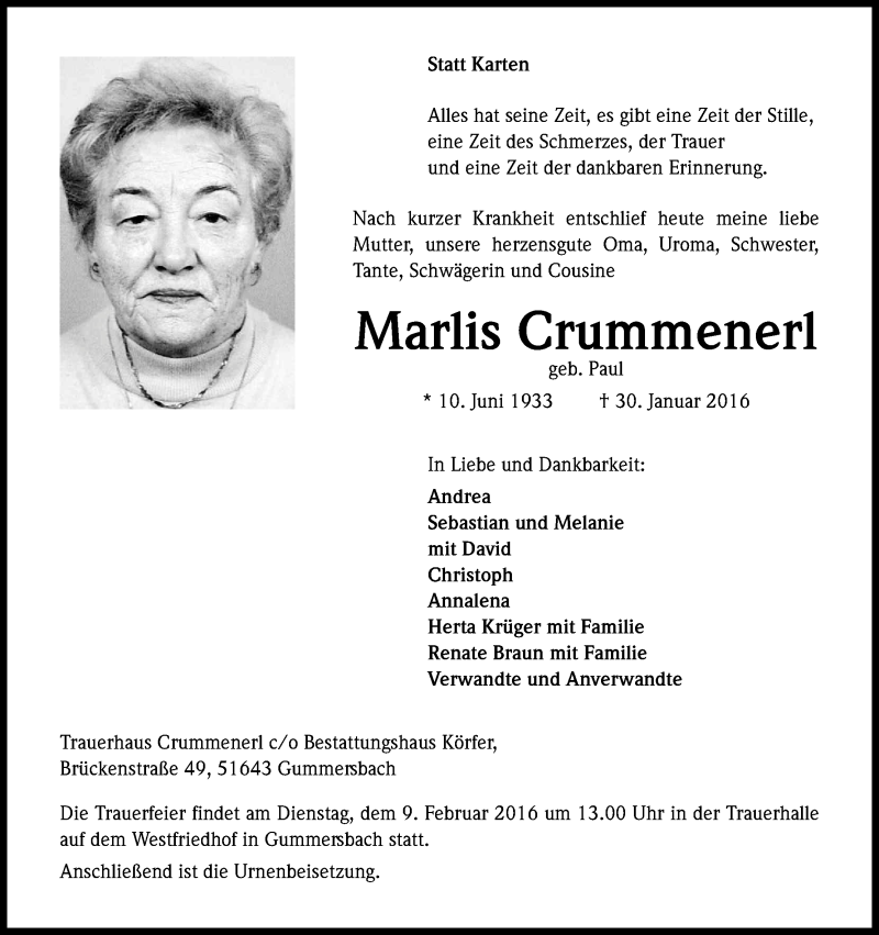  Traueranzeige für Marlis Crummenerl vom 03.02.2016 aus Kölner Stadt-Anzeiger / Kölnische Rundschau / Express