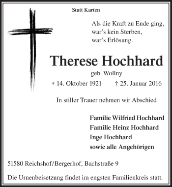 Anzeige von Therese Hochhard von  Lokalanzeiger 