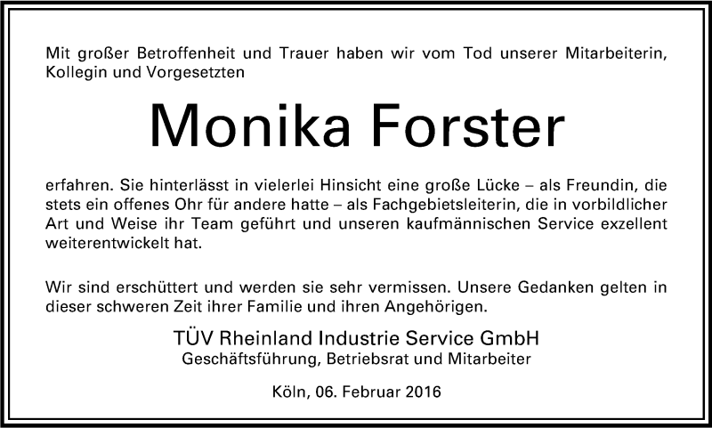  Traueranzeige für Monika Forster vom 06.02.2016 aus Kölner Stadt-Anzeiger / Kölnische Rundschau / Express