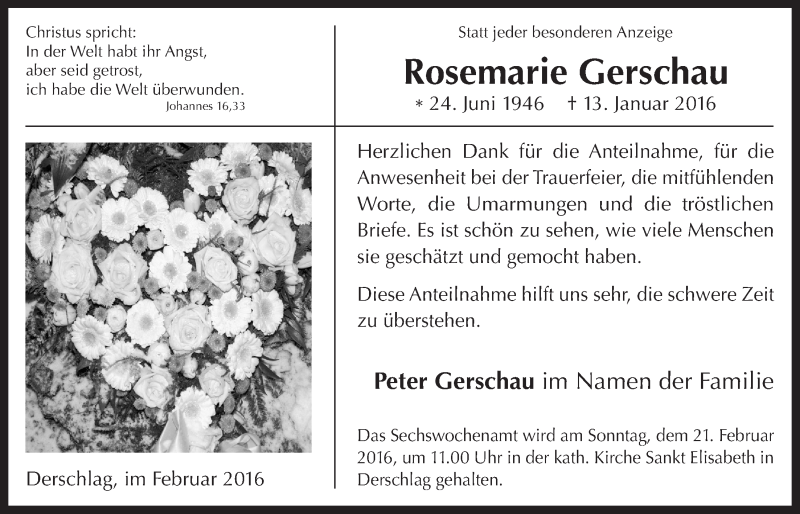  Traueranzeige für Rosemarie Gerschau vom 17.02.2016 aus  Anzeigen Echo 