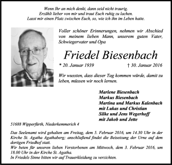 Anzeige von Friedel Biesenbach von Kölner Stadt-Anzeiger / Kölnische Rundschau / Express