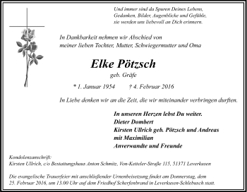 Anzeige von Elke Pötzsch von Kölner Stadt-Anzeiger / Kölnische Rundschau / Express