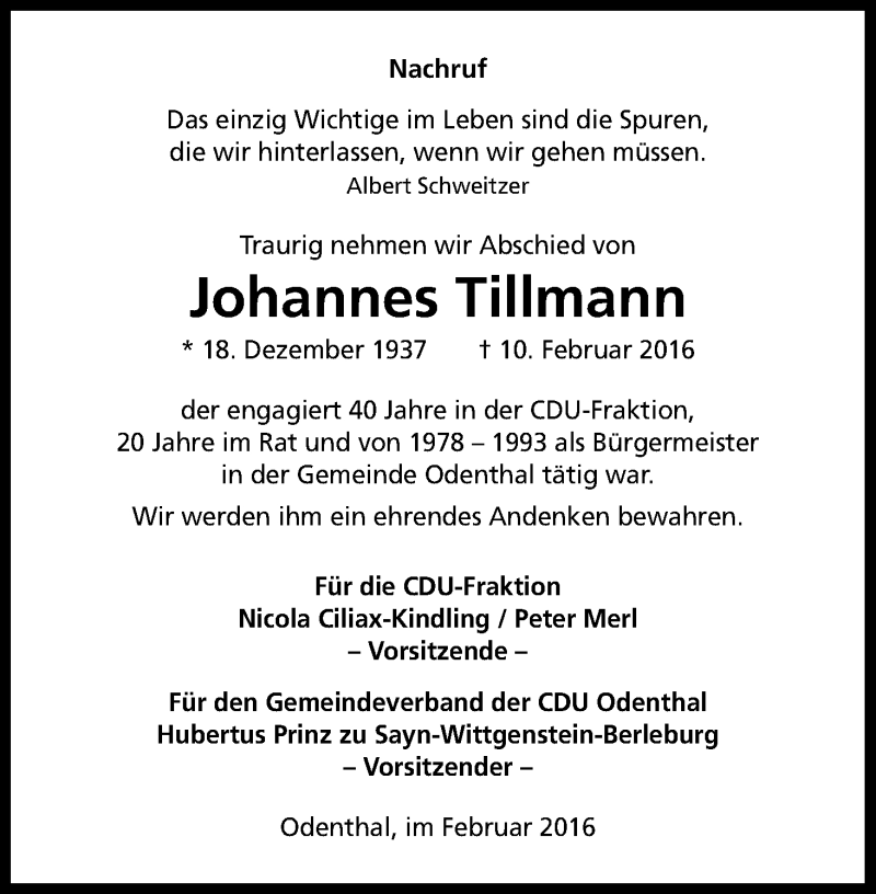  Traueranzeige für Johannes Tillmann vom 16.02.2016 aus Kölner Stadt-Anzeiger / Kölnische Rundschau / Express