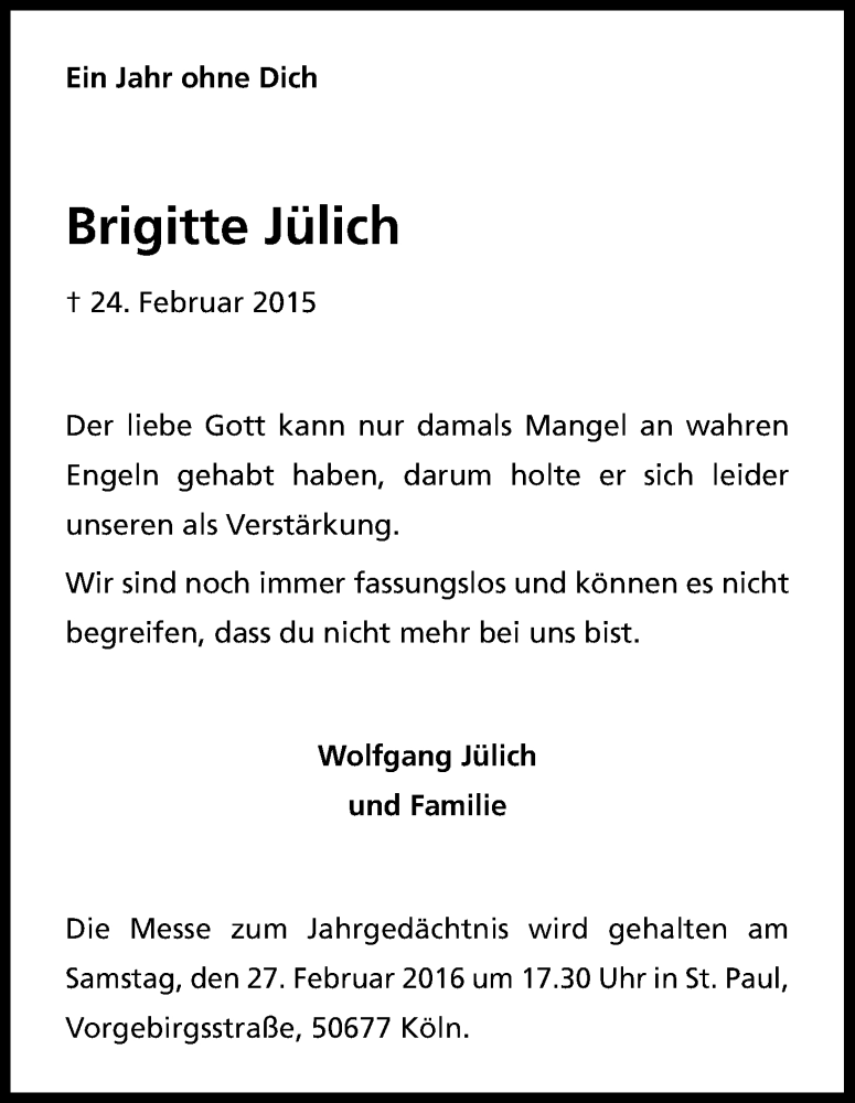  Traueranzeige für Brigitte Jülich vom 24.02.2016 aus Kölner Stadt-Anzeiger / Kölnische Rundschau / Express