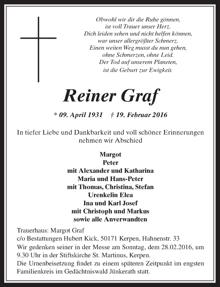  Traueranzeige für Reiner Graf vom 24.02.2016 aus  Werbepost 