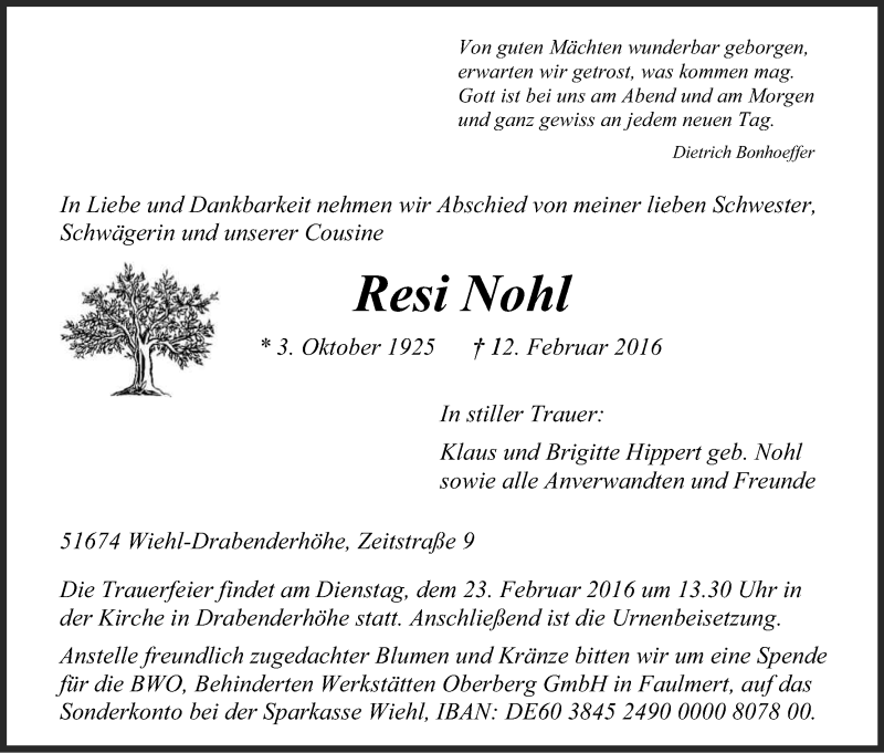  Traueranzeige für Resi Nohl vom 18.02.2016 aus Kölner Stadt-Anzeiger / Kölnische Rundschau / Express
