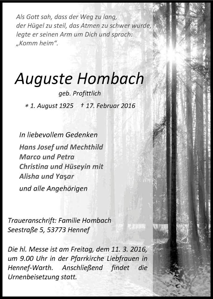  Traueranzeige für Auguste Hombach vom 24.02.2016 aus Kölner Stadt-Anzeiger / Kölnische Rundschau / Express
