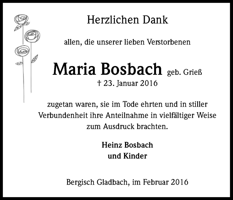  Traueranzeige für Maria Bosbach vom 27.02.2016 aus Kölner Stadt-Anzeiger / Kölnische Rundschau / Express