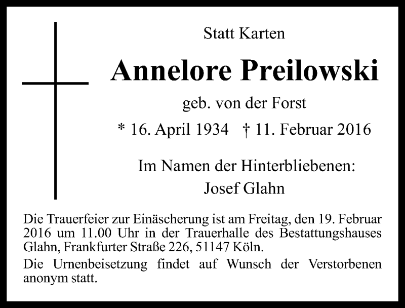  Traueranzeige für Annelore Preilowski vom 17.02.2016 aus  Kölner Wochenspiegel 