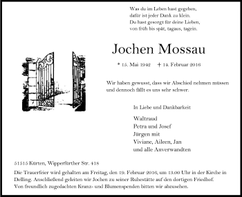 Anzeige von Jochen Mossau von Kölner Stadt-Anzeiger / Kölnische Rundschau / Express