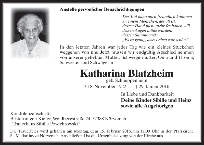  Traueranzeige für Katharina Blatzheim vom 13.02.2016 aus  Sonntags-Post 