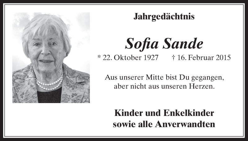  Traueranzeige für Sofia Sande vom 17.02.2016 aus  Werbepost 