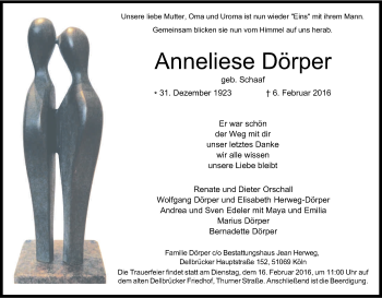 Anzeige von Anneliese Dörper von Kölner Stadt-Anzeiger / Kölnische Rundschau / Express