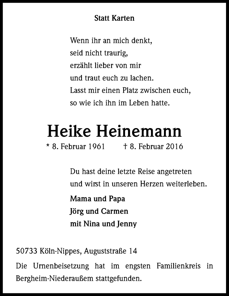  Traueranzeige für Heike Heinemann vom 27.02.2016 aus Kölner Stadt-Anzeiger / Kölnische Rundschau / Express