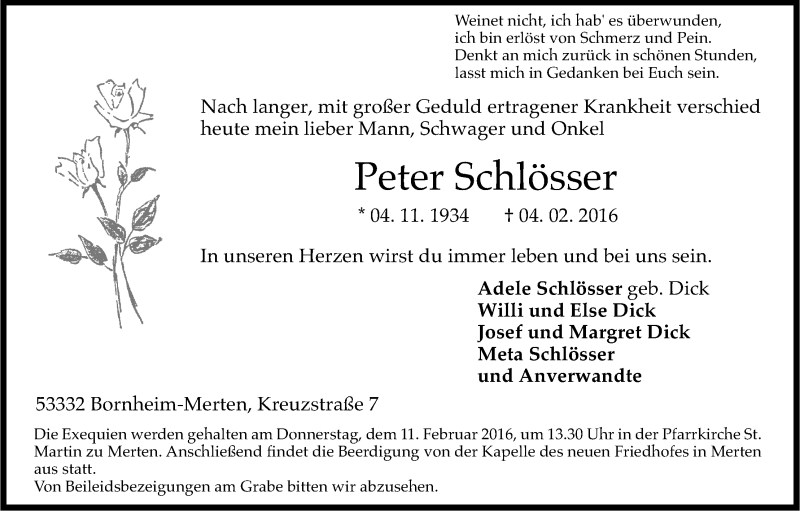  Traueranzeige für Peter Schlösser vom 06.02.2016 aus Kölner Stadt-Anzeiger / Kölnische Rundschau / Express