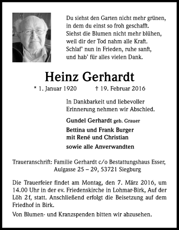 Anzeige von Heinz Gerhardt von Kölner Stadt-Anzeiger / Kölnische Rundschau / Express