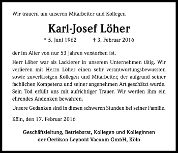 Anzeige von Karl-Josef Löher von Kölner Stadt-Anzeiger / Kölnische Rundschau / Express