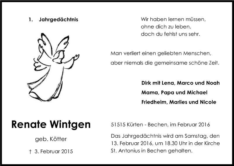  Traueranzeige für Renate Wintgen vom 06.02.2016 aus Kölner Stadt-Anzeiger / Kölnische Rundschau / Express
