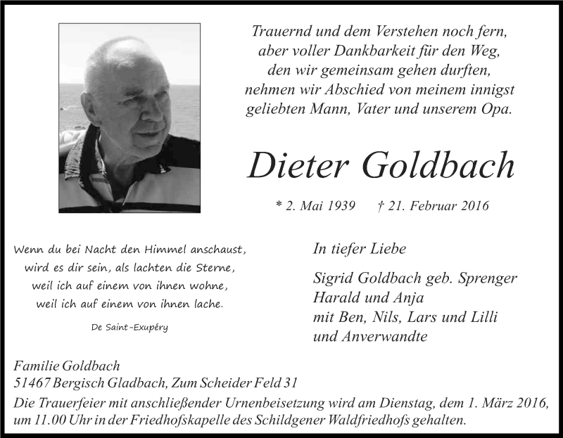  Traueranzeige für Dieter Goldbach vom 25.02.2016 aus Kölner Stadt-Anzeiger / Kölnische Rundschau / Express