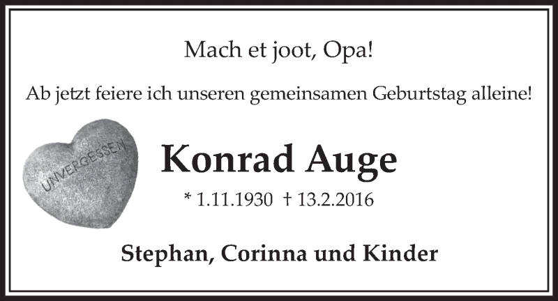  Traueranzeige für Konrad Auge vom 17.02.2016 aus  Schlossbote/Werbekurier 