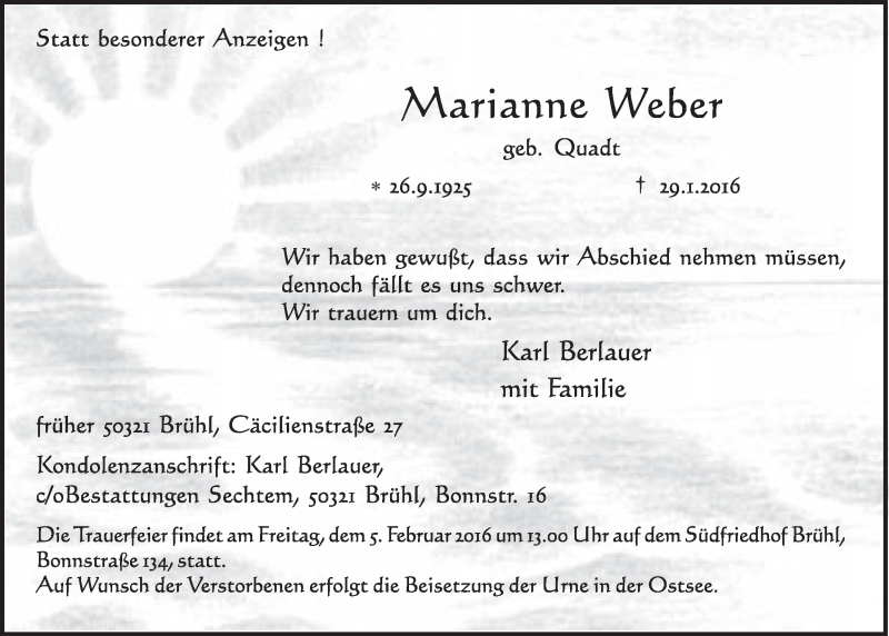  Traueranzeige für Marianne Weber vom 03.02.2016 aus  Schlossbote/Werbekurier 