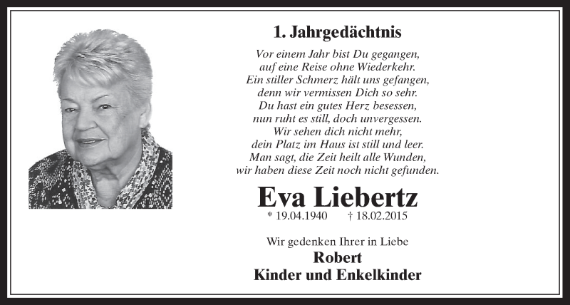  Traueranzeige für Eva Liebertz vom 17.02.2016 aus  Wochenende 