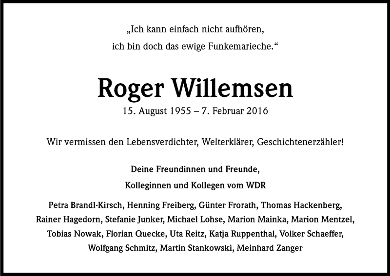  Traueranzeige für Roger Willemsen vom 13.02.2016 aus Kölner Stadt-Anzeiger / Kölnische Rundschau / Express