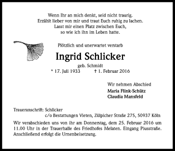 Anzeige von Ingrid Schlicker von Kölner Stadt-Anzeiger / Kölnische Rundschau / Express