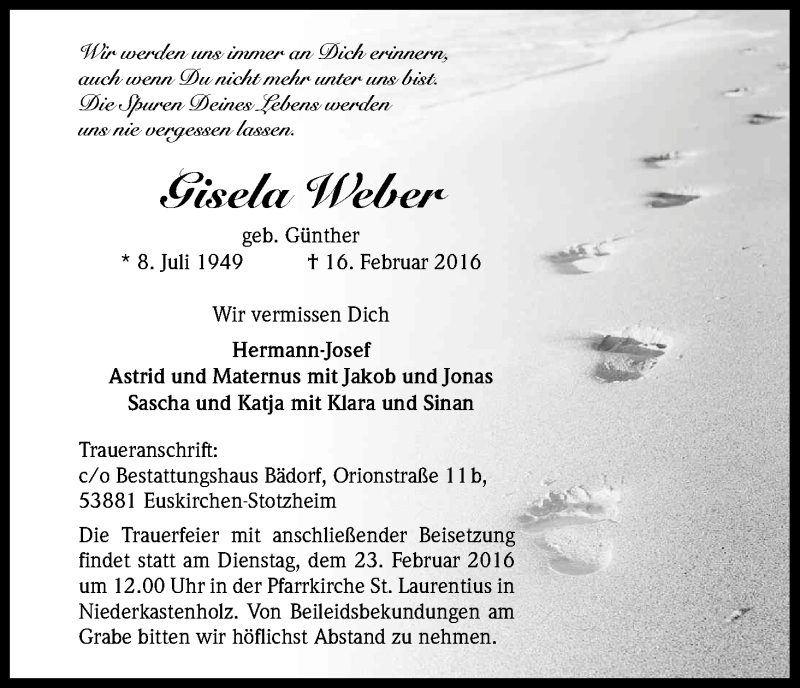  Traueranzeige für Gisela Weber vom 20.02.2016 aus Kölner Stadt-Anzeiger / Kölnische Rundschau / Express