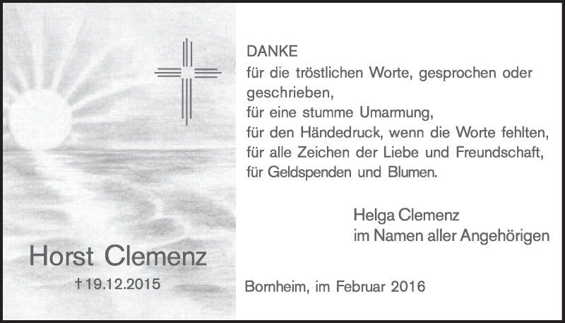  Traueranzeige für Horst Clemenz vom 03.02.2016 aus  Schlossbote/Werbekurier 