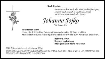 Anzeige von Johanna Jojko von Kölner Stadt-Anzeiger / Kölnische Rundschau / Express