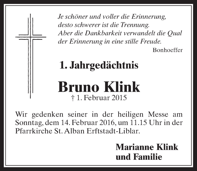  Traueranzeige für Bbruno Klink vom 10.02.2016 aus  Werbepost 