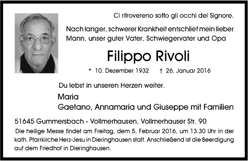  Traueranzeige für Filippo Rivoli vom 03.02.2016 aus  Anzeigen Echo 