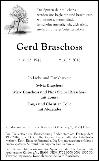 Anzeige von Gerd Braschoss von Kölner Stadt-Anzeiger / Kölnische Rundschau / Express