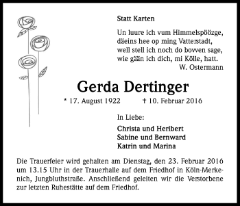 Anzeige von Gerda Dertinger von Kölner Stadt-Anzeiger / Kölnische Rundschau / Express
