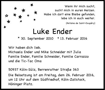 Anzeige von Luke Ender von Kölner Stadt-Anzeiger / Kölnische Rundschau / Express