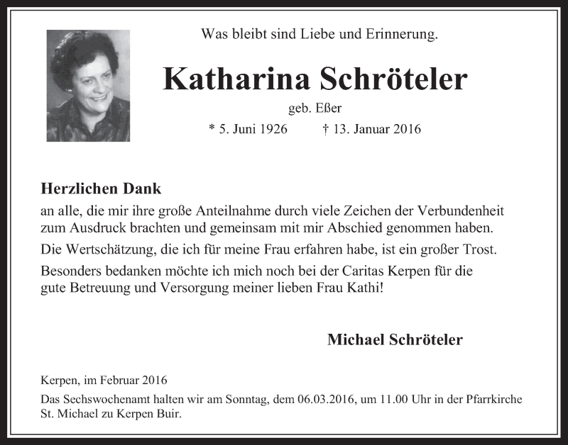  Traueranzeige für Katharina Schröteler vom 24.02.2016 aus  Werbepost 