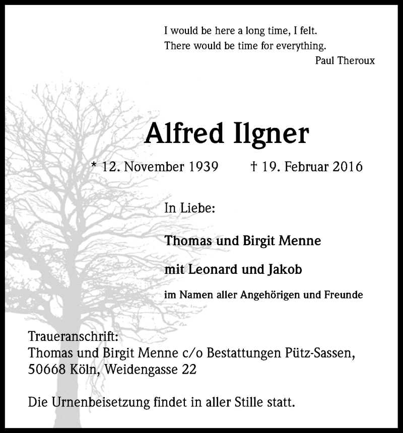  Traueranzeige für Alfred Ilgner vom 27.02.2016 aus Kölner Stadt-Anzeiger / Kölnische Rundschau / Express