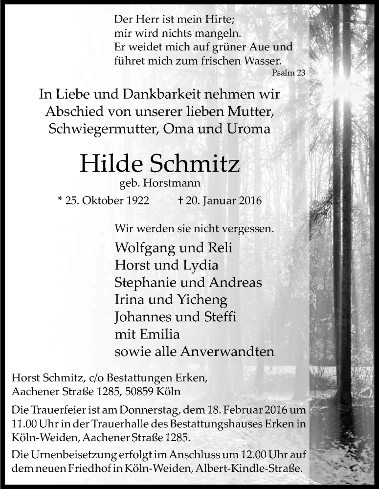  Traueranzeige für Hilde Schmitz vom 06.02.2016 aus Kölner Stadt-Anzeiger / Kölnische Rundschau / Express