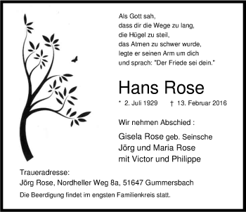 Anzeige von Hans Rose von Kölner Stadt-Anzeiger / Kölnische Rundschau / Express