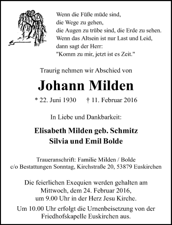 Anzeige von Johann Milden von  Blickpunkt Euskirchen 