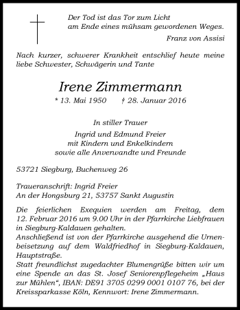 Anzeige von Irene Zimmermann von Kölner Stadt-Anzeiger / Kölnische Rundschau / Express