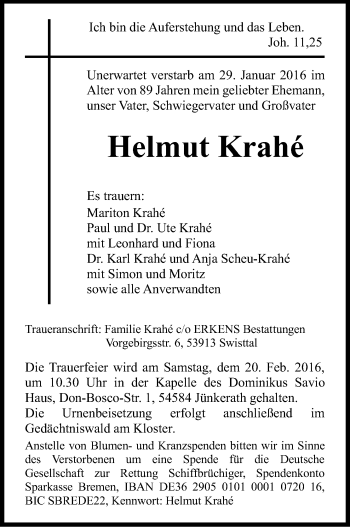 Anzeige von Helmut Krahé von Kölner Stadt-Anzeiger / Kölnische Rundschau / Express