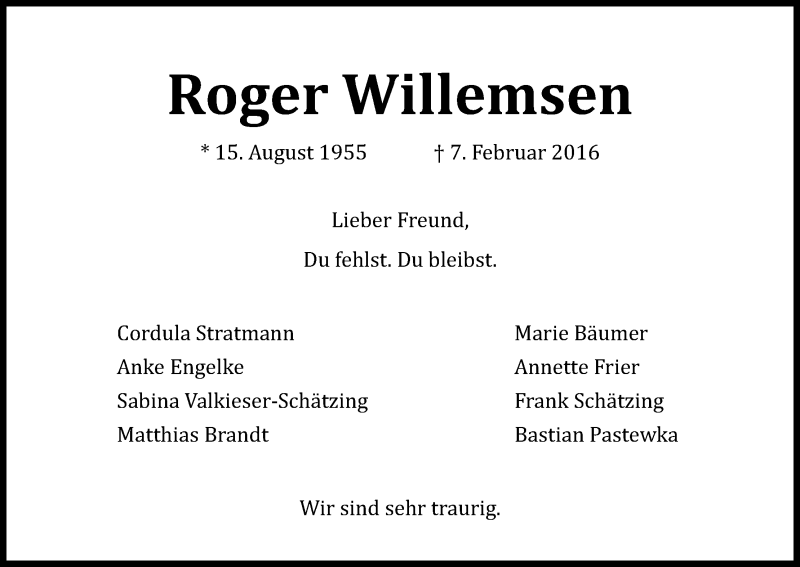  Traueranzeige für Roger Willemsen vom 13.02.2016 aus Kölner Stadt-Anzeiger / Kölnische Rundschau / Express