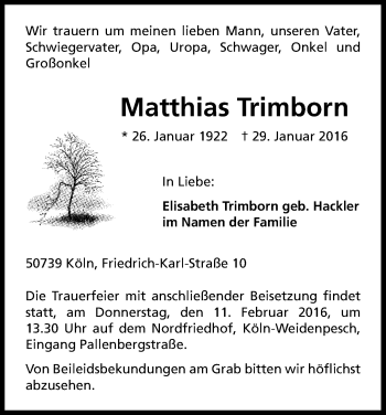 Anzeige von Matthias Trimborn von Kölner Stadt-Anzeiger / Kölnische Rundschau / Express