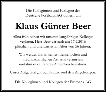 Anzeige von Klaus Günter Beer von Kölner Stadt-Anzeiger / Kölnische Rundschau / Express