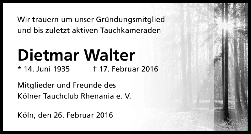  Traueranzeige für Dietmar Walter vom 27.02.2016 aus Kölner Stadt-Anzeiger / Kölnische Rundschau / Express