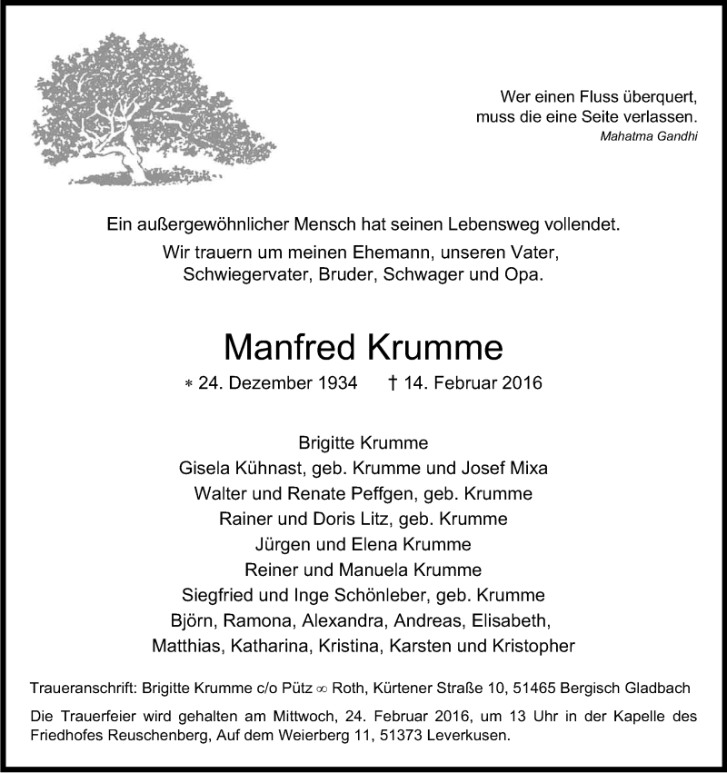 Traueranzeige für Manfred Krumme vom 20.02.2016 aus Kölner Stadt-Anzeiger / Kölnische Rundschau / Express