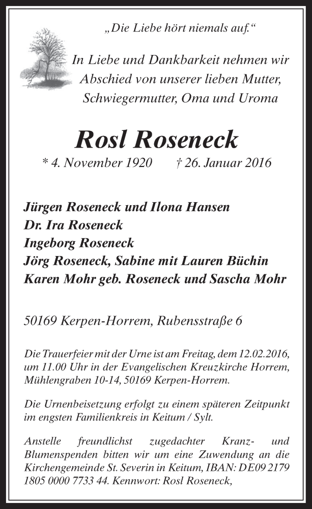  Traueranzeige für Rosl Roseneck vom 03.02.2016 aus  Werbepost 